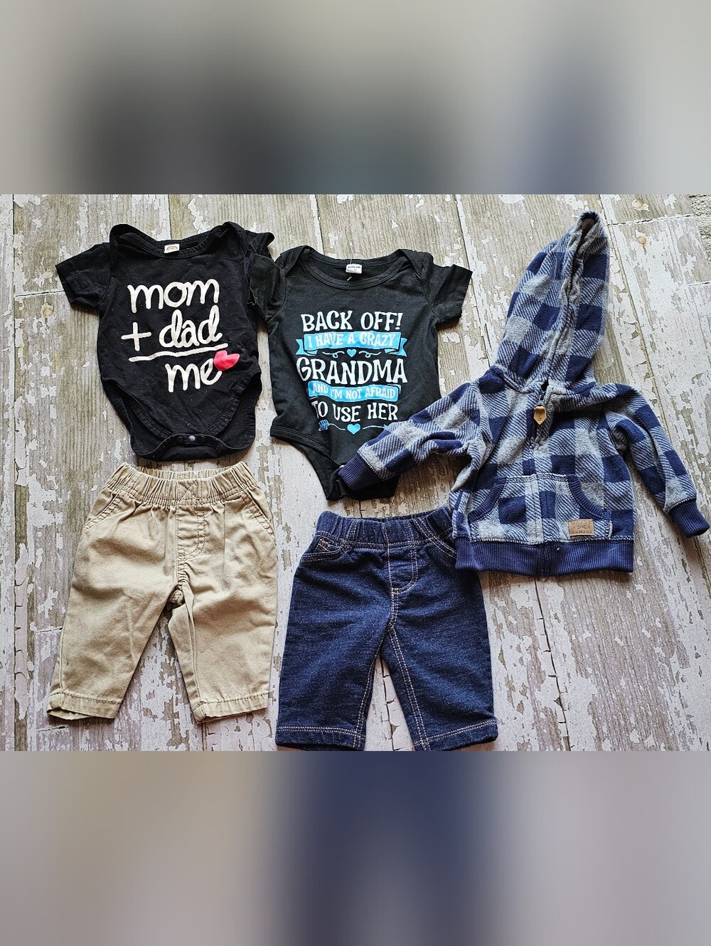 Carter's Black Graphic Bodysuits, Blue Plaid Hoodie & Tan + Blue Joggers